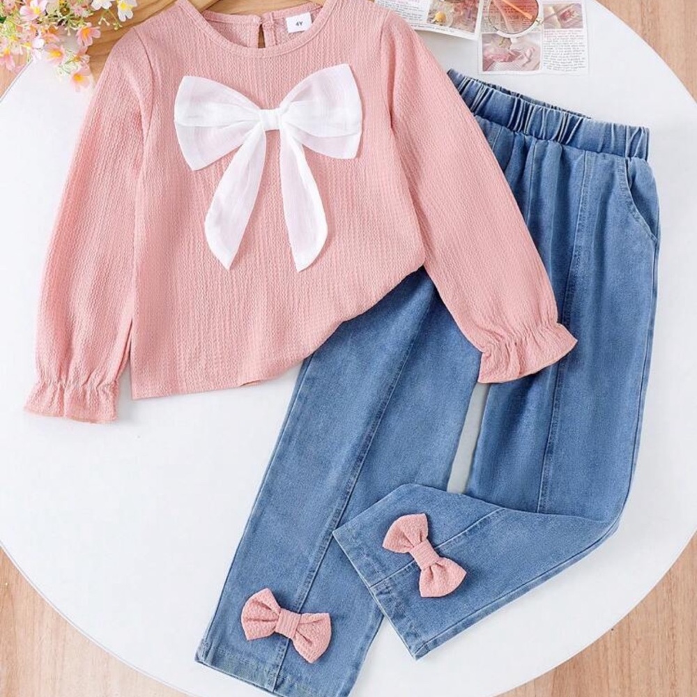 Cute Pink Bow Top and Blue Pants Set